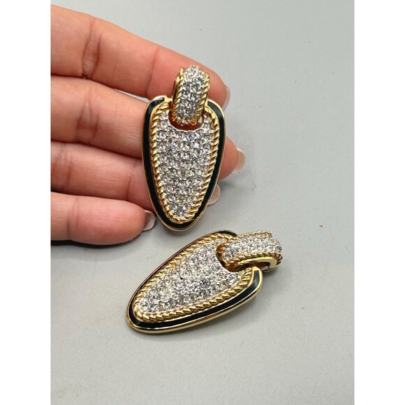 Swarovski Swan Signed Statement Clip Earrings Crystals Pave Gold & Black Enamel - Picture 5 of 10